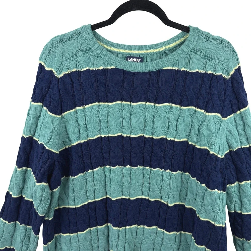 Lands' End Drifter Sweater Womens XL Blue Teal Striped Cable Knit Cotton Preppy